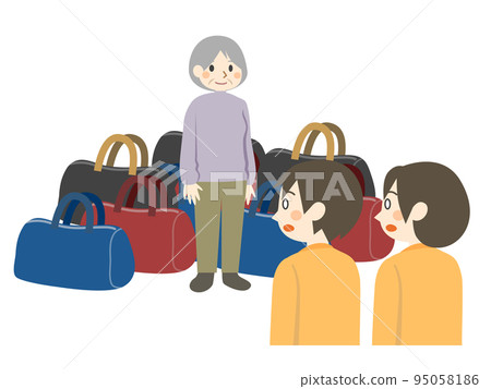 Elderly people who bring a lot of luggage for short stay or hospitalization Elderly people who bring a lot of luggage for short stay or hospitalization 95058186