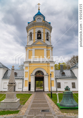 Russia. Leningrad region. May 29, 2022. Bell tower of the Nativity of the Theotokos Monastery on the island of Konevets. Russia. Leningrad region. May 29, 2022. Bell tower of the Nativity of the Theotokos Monastery on the island of Konevets. 95058355
