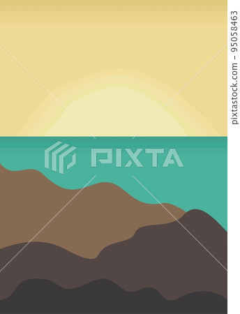 Vector bright abstract landscape. Sunset. Sea and mountains.  95058463