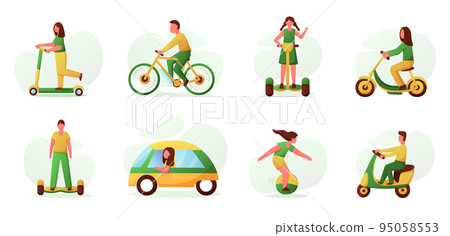 Ecological vehicles. Electric car. Motorcycle and bicycle. Battery icons. Transport power. People on scooters. Persons drive hoverboards. Green eco friendly automobiles set. Vector flat illustration 95058553