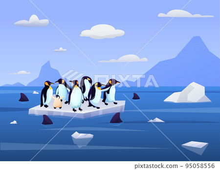 Glacier and Antarctic iceberg. Penguin on ice floe. Desert snow island. Arctic orca whale. Polar extreme cold climate. Antarctica landscape. Global warming. Sea animals. Vector illustration background 95058556
