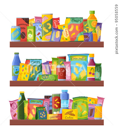 Snack shelving. Food grocery. Drink bar shelf. Store with candy pack and juice bottles on shelves. Sale in market shop. Chips bags. Cookies wraps. Cola cans. Vector cartoon flat unhealthy nutrition 95058559