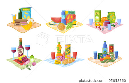 Food snacks. Wine bottles and glasses. Blankets set with meal and beverages. Sandwich and donuts. Summer picnic with alcohol drinks, bread and burgers. Cheese or dessert. Vector cartoon illustration Food snacks. Wine bottles and glasses. Blankets set with meal and beverages. Sandwich and donuts. Summer picnic with alcohol drinks, bread and burgers. Cheese or dessert. Vector cartoon illustration 95058560