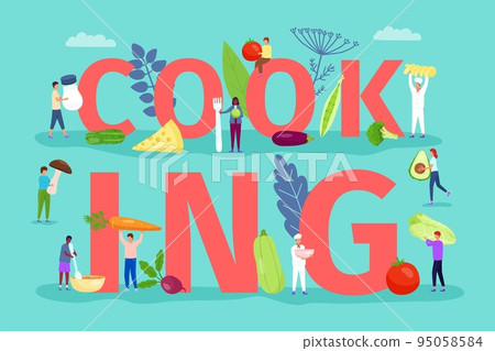 People cooking food. Restaurant meal preparation. Dinner cuisine. Pizza cafe. Persons with vegetable ingredients. Chef character preparing pasta. Tasty lunch eating. Word banner. Vector flat concept People cooking food. Restaurant meal preparation. Dinner cuisine. Pizza cafe. Persons with vegetable ingredients. Chef character preparing pasta. Tasty lunch eating. Word banner. Vector flat concept 95058584