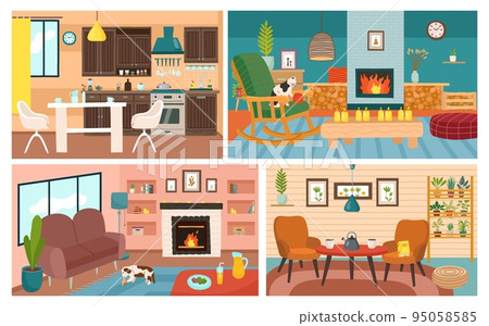 Living rooms interior. Empty home kitchen. Furnished apartments set. Fireplace in house. Indoor cozy furniture. Comfortable sofa. Dining table. Cooking stove and drawers. Vector design illustration Living rooms interior. Empty home kitchen. Furnished apartments set. Fireplace in house. Indoor cozy furniture. Comfortable sofa. Dining table. Cooking stove and drawers. Vector design illustration 95058585