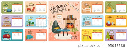 Home month calendar pages. Cute school planner sheets set. Hygge interior decor. Schedule template. Cozy agenda. Fireplace and sofa. Tea cup and book. Comfortable apartment. Vector design illustration Home month calendar pages. Cute school planner sheets set. Hygge interior decor. Schedule template. Cozy agenda. Fireplace and sofa. Tea cup and book. Comfortable apartment. Vector design illustration 95058586