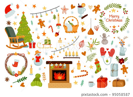 Christmas candles. Winter fireplace decor. Hygge home room elements set. Cute Xmas interior. Cozy holiday. Lamp garlands. Festive tree. Socks and Santa hat. Coniferous wreath. Vector design background Christmas candles. Winter fireplace decor. Hygge home room elements set. Cute Xmas interior. Cozy holiday. Lamp garlands. Festive tree. Socks and Santa hat. Coniferous wreath. Vector design background 95058587