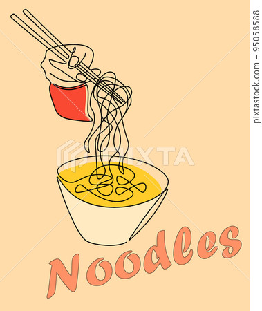 Noodles one line illustration. Hand holding pasta with chopsticks, asian food, drawing card or poster with text. Continuous lines morning or day meal. Lunch snack. Vector outline color illustration Noodles one line illustration. Hand holding pasta with chopsticks, asian food, drawing card or poster with text. Continuous lines morning or day meal. Lunch snack. Vector outline color illustration 95058588