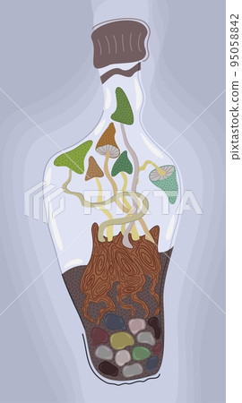 Vector illustration of mushrooms in a bottle. Psychedelic concept. Vector illustration of mushrooms in a bottle. Psychedelic concept. 95058842