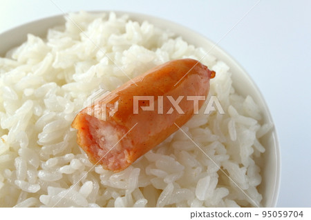 Cross section of sausage on rice Cross section of sausage on rice 95059704