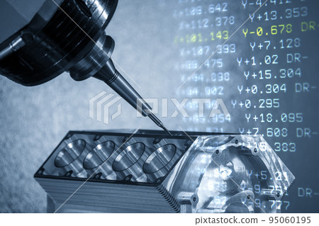 Abstract scene the 5-axis machining center cutting the V8 cylinder block and G-code data background. 95060195