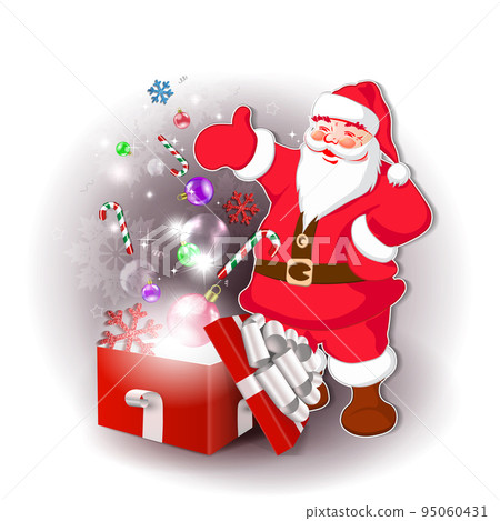 Santa Claus with red gift box, white bow, isolated design component Santa Claus with red gift box, white bow, isolated design component 95060431