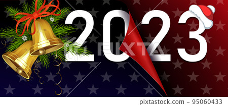 Happy new year 2023, christmas composition folded sheet with stars, golden bells Happy new year 2023, christmas composition folded sheet with stars, golden bells 95060433