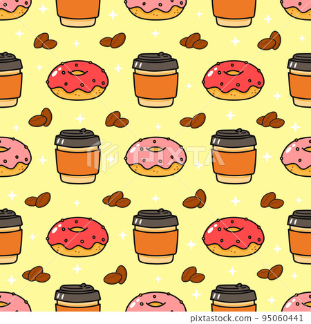 Pattern coffee and pink donut. Vector hand drawn doodle style cartoon character illustration icon design. Pattern coffee and pink donut friends concept 95060441