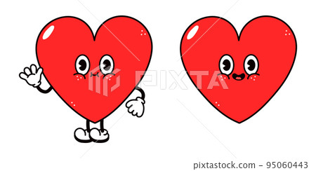 Cute funny heart waving hand character. Vector hand drawn traditional cartoon vintage, retro, kawaii character illustration icon. Isolated on white background. Heart character concept Cute funny heart waving hand character. Vector hand drawn traditional cartoon vintage, retro, kawaii character illustration icon. Isolated on white background. Heart character concept 95060443