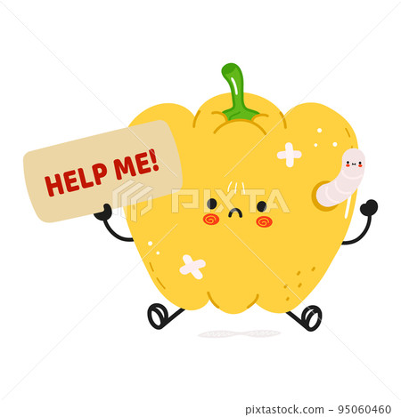 Cute sad sick pepper asks for help character. Vector hand drawn cartoon kawaii character illustration icon. Isolated on white background. Suffering unhealthy yellow pepper character concept Cute sad sick pepper asks for help character. Vector hand drawn cartoon kawaii character illustration icon. Isolated on white background. Suffering unhealthy yellow pepper character concept 95060460