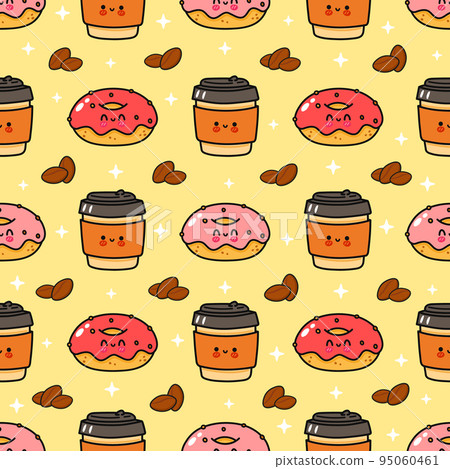 Pattern happy coffee and pink donut. Vector hand drawn doodle style cartoon character illustration icon design. Pattern coffee and pink donut friends concept Pattern happy coffee and pink donut. Vector hand drawn doodle style cartoon character illustration icon design. Pattern coffee and pink donut friends concept 95060461