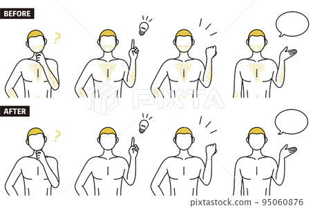 為一個擔心自己濃密的體毛、說話、提問、閃爍、膽量姿勢的男人設置的線條畫姿勢 95060876