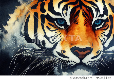 Tiger. Asian animal. Print for clothing. Neon, colorful illustration of wild cat. 95061156
