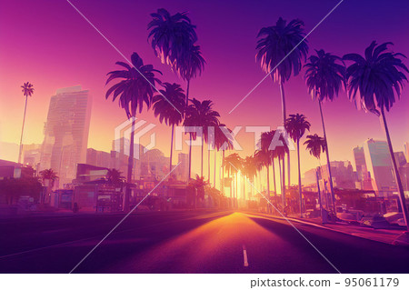 Retrowave City 3d Retro Wave City Background. Neon Night... Stock
