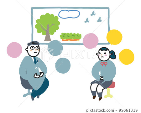一名女學生在明亮的房間裡與醫生或輔導員交談插圖素材 95061319