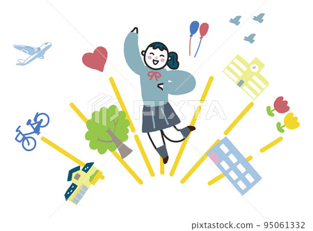 微笑的高中女生在鎮上跳躍插圖素材 95061332