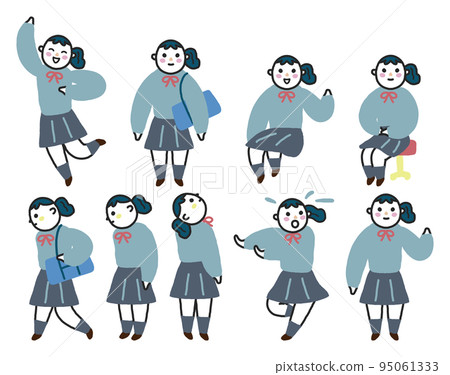 穿著制服的高中女生,有各種面部表情,全身套裝,插圖素材 穿著制服的高中女生,有各種面部表情,全身套裝,插圖素材 95061333