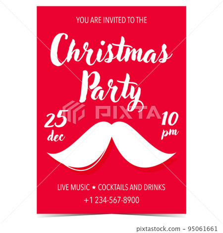 Christmas party poster or banner for winter holidays celebration invitation or greeting card. Vector illustration in flat style with Santa Claus mustache on red background for Christmas Eve party. Christmas party poster or banner for winter holidays celebration invitation or greeting card. Vector illustration in flat style with Santa Claus mustache on red background for Christmas Eve party. 95061661