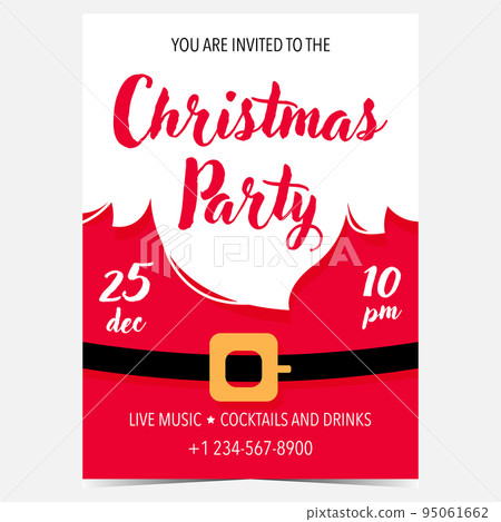Christmas party invitation card, banner, poster, leaflet, flyer or brochure with Santa Claus red suit and his white beard. Winter holidays celebration invitation or greeting card vector template. Christmas party invitation card, banner, poster, leaflet, flyer or brochure with Santa Claus red suit and his white beard. Winter holidays celebration invitation or greeting card vector template. 95061662