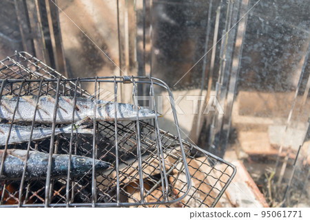 [Car camping on the riverbed of Nakatsu River, salt-grilled raw saury using embers] 95061771