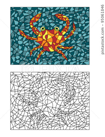 Black and White and Colored Illustration in stained glass style with abstract Crab. Image for Coloring Book and Coloring Page. Black and White and Colored Illustration in stained glass style with abstract Crab. Image for Coloring Book and Coloring Page. 95061846