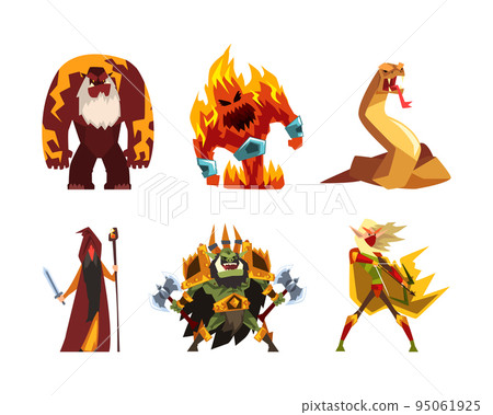 Fantastic Magical Creature Character and Monster with Wizard, Burning Flame, Serpent, Archer and Bigfoot Vector Set 95061925