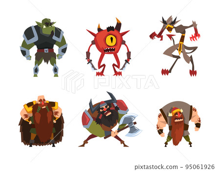 Fantastic Magical Creature Character and Monster with Green goblin, One-eyed Beast and Dwarf with Ax Vector Set 95061926