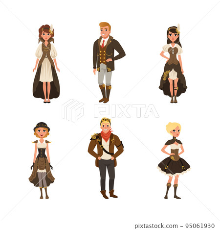 Steampunk People Character Wearing Retro Stylish Suits and Garment with Cogwheel Vector Set 95061930