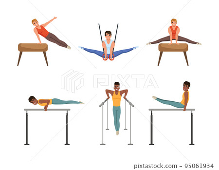 Young Man Training on Different Gymnastics Apparatus Like Horizontal and Parallel Bars Vector Set Young Man Training on Different Gymnastics Apparatus Like Horizontal and Parallel Bars Vector Set 95061934