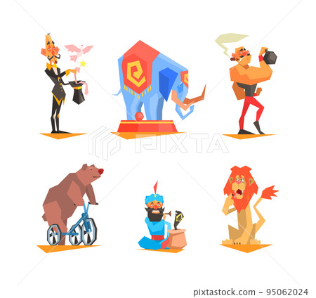 Circus Artist Character with Strongman, Lion Animal and Magician Showing Trick with Top Hat Vector Set 95062024