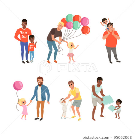 Happy Father with His Little Son and Daughter Spending Time Together Having Fun Vector Set Happy Father with His Little Son and Daughter Spending Time Together Having Fun Vector Set 95062068