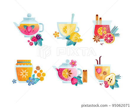 Tea Time with Hot Brewed Drink Poured in Teapot and Glass Mug with Spices Vector Set Tea Time with Hot Brewed Drink Poured in Teapot and Glass Mug with Spices Vector Set 95062071