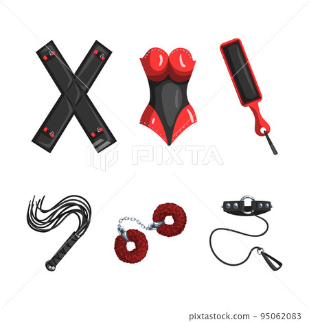 BDSM Erotic Toys with Leather Whip, Collar and Bracelet Vector Set BDSM Erotic Toys with Leather Whip, Collar and Bracelet Vector Set 95062083