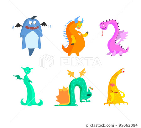 Cartoon Monsters with Horns and Wings Having Smiling and Friendly Snout Vector Set Cartoon Monsters with Horns and Wings Having Smiling and Friendly Snout Vector Set 95062084