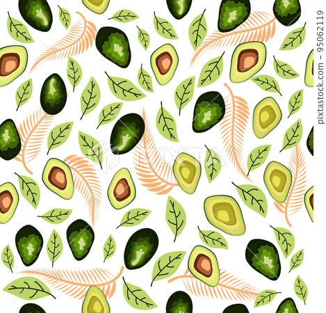 Avocado seamless pattern. Whole and sliced avocado with leaves and flowers. 95062119