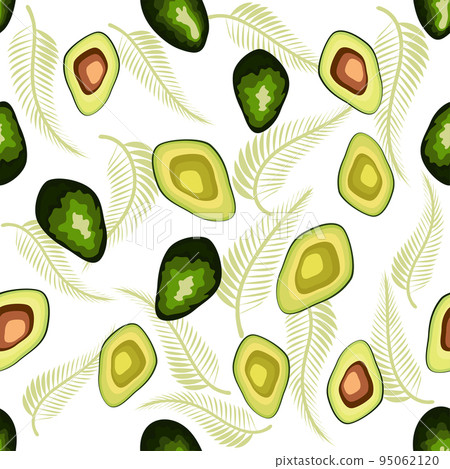 Avocado seamless pattern. Whole and sliced avocado with leaves and flowers. 95062120