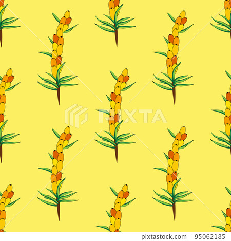 Sea buckthorn seamless pattern. Twigs with berries and leaves. Template with orange fresh berries for wallpaper Sea buckthorn seamless pattern. Twigs with berries and leaves. Template with orange fresh berries for wallpaper 95062185