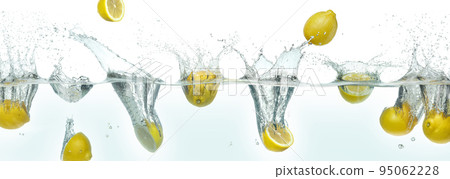 Many lemons splashing in water. Many lemons splashing in water. 95062228