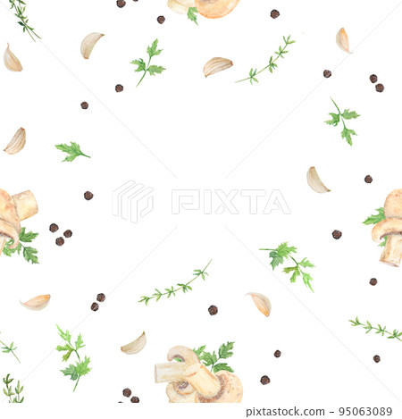 Watercolor illustration of mushroom soup. Champignon. Botanical illustration. Food painting. Seamless pattern. 95063089