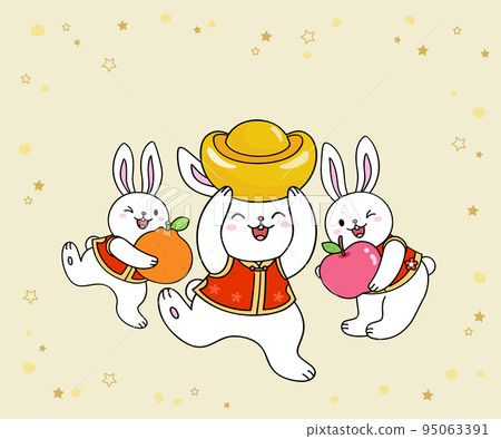 Rabbit holding gold ingot happily raises his feet Rabbit holding gold ingot happily raises his feet 95063391