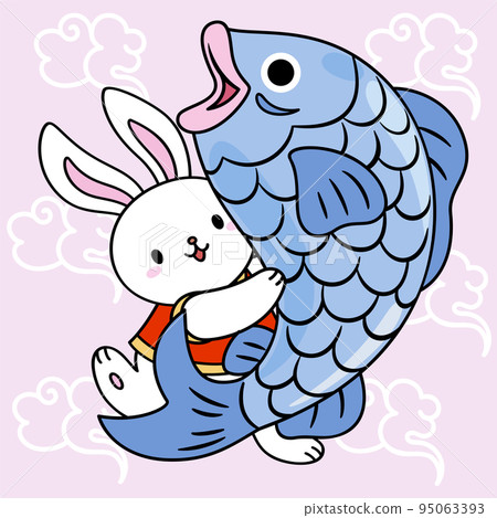Happy rabbit with big fish in both hands Happy rabbit with big fish in both hands 95063393