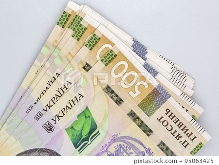 five hundred ukrainian hryvna banknotes closeup on white 95063425