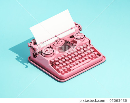 Vintage pink typewriter on blue background with space for text. Vintage pink typewriter on blue background with space for text. 95063486