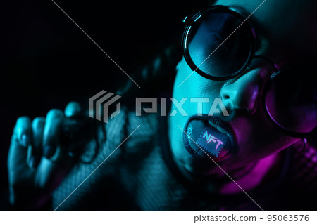 futuristic neon cyberpunk girl NFT non fungible erc-721 token blockchain symbol futuristic neon cyberpunk girl NFT non fungible erc-721 token blockchain symbol 95063576